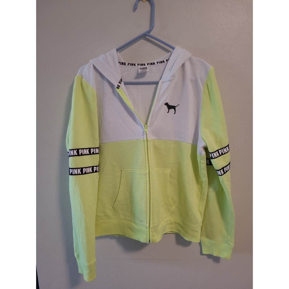 Pink Victoria's Secret Womens Hoodie Size L White & Green Full Zip Long Sleeve